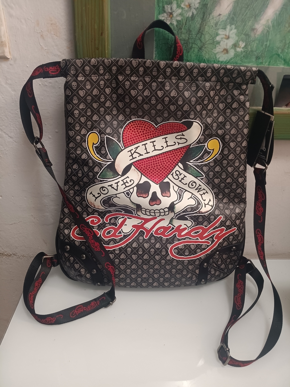 Ed Hardy Black Red Heart Skull Backpack